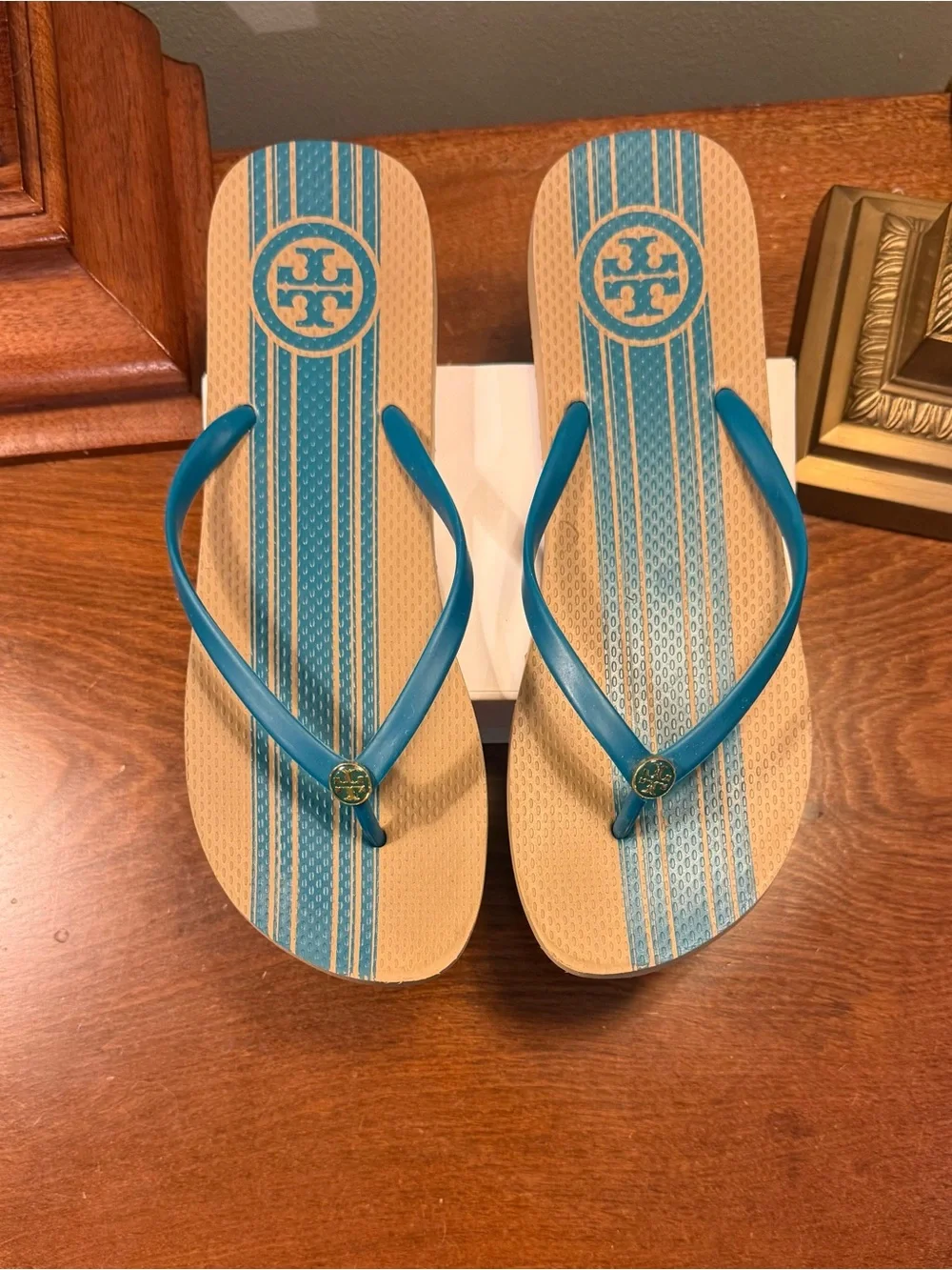 Tory Burch Teal Strap Sandals with Tan Striped Footbed Size 11